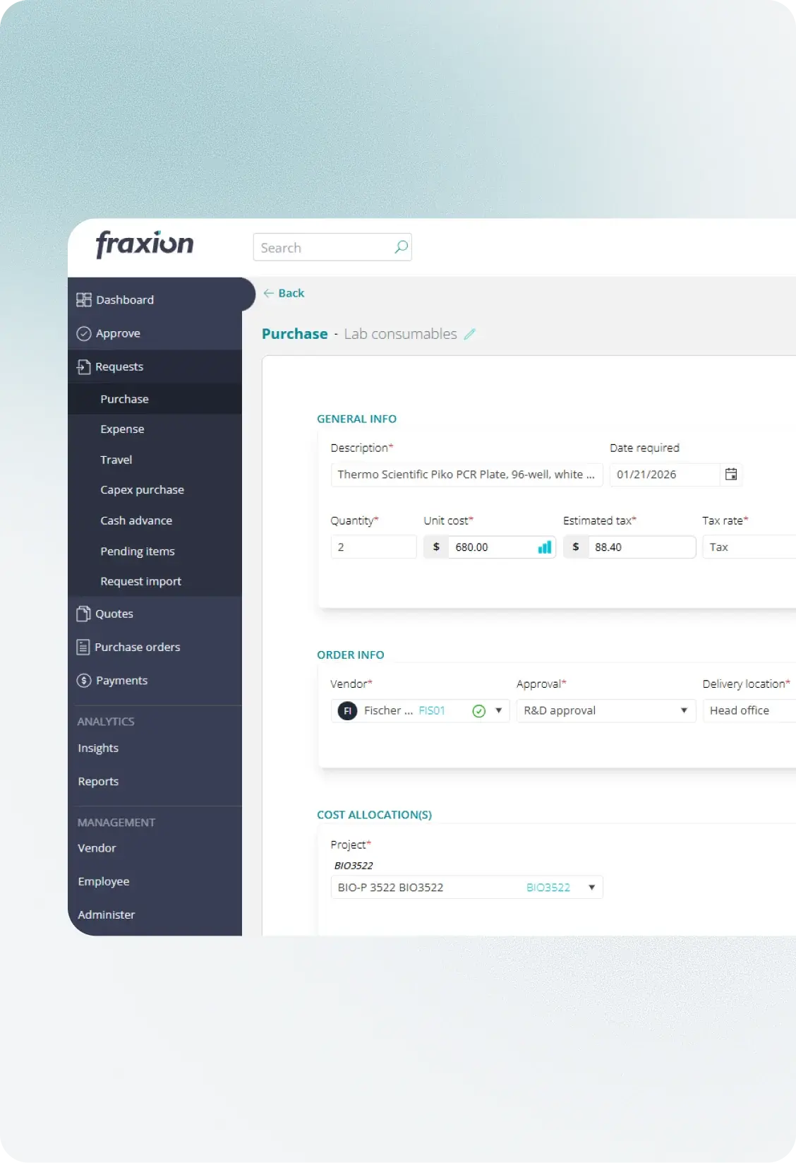 Fraxion Insights spend analytics dashboard across labs, projects, and grants