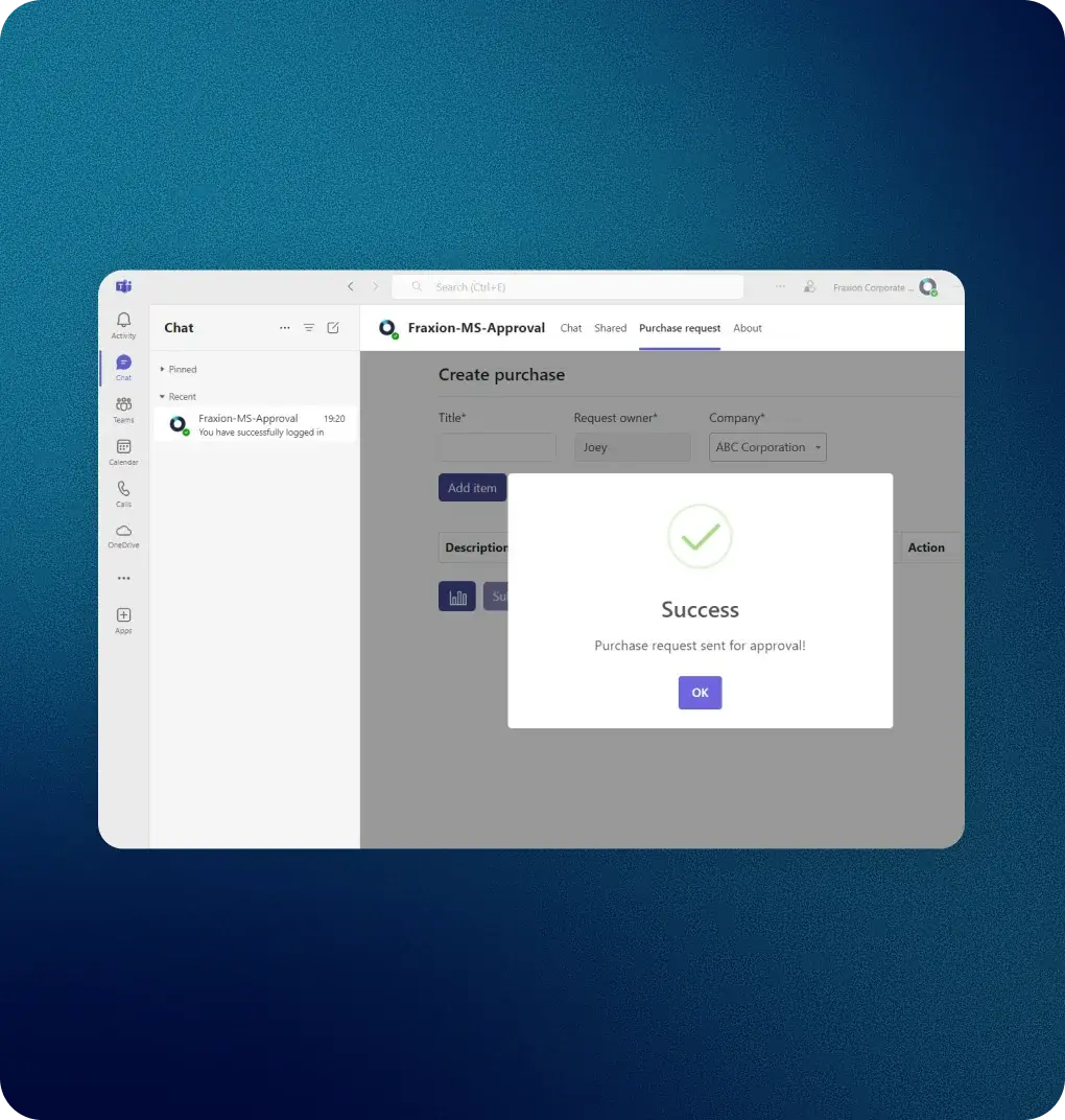 Purchase request submitted successfully inside Microsoft Teams