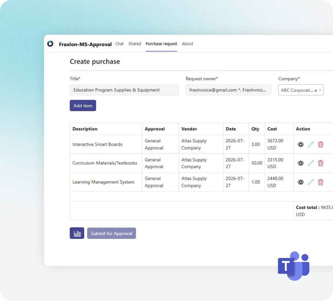 Fraxion purchase request form inside Microsoft Teams