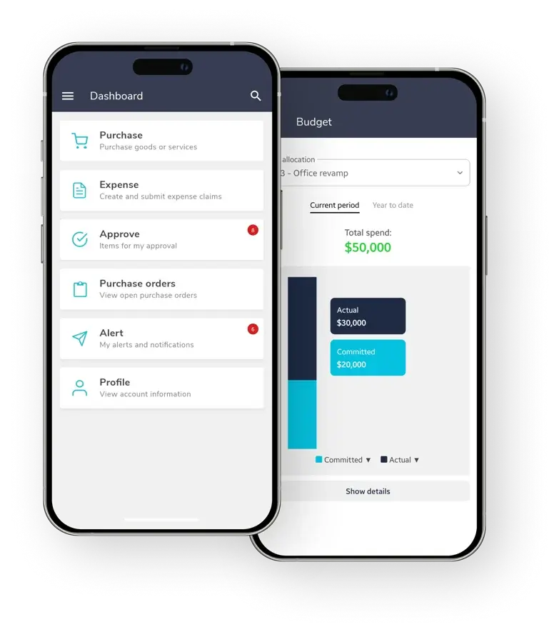 Fraxion mobile app showing the purchasing dashboard and budget tracking
