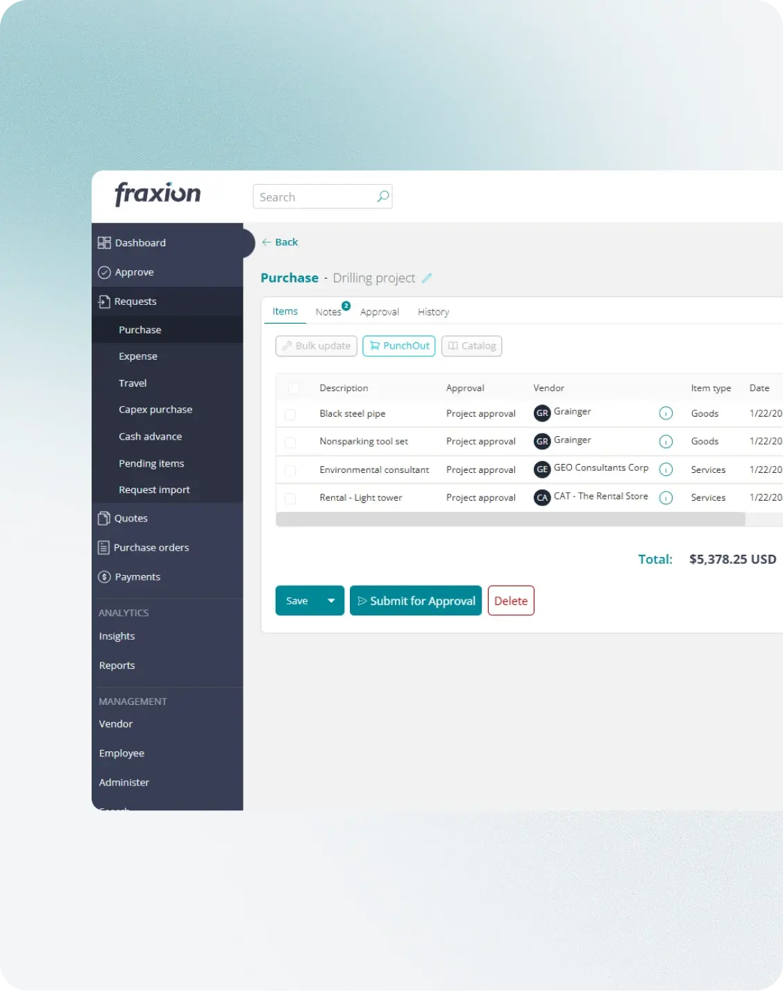 Mobile purchase request and approval on web and mobile devices