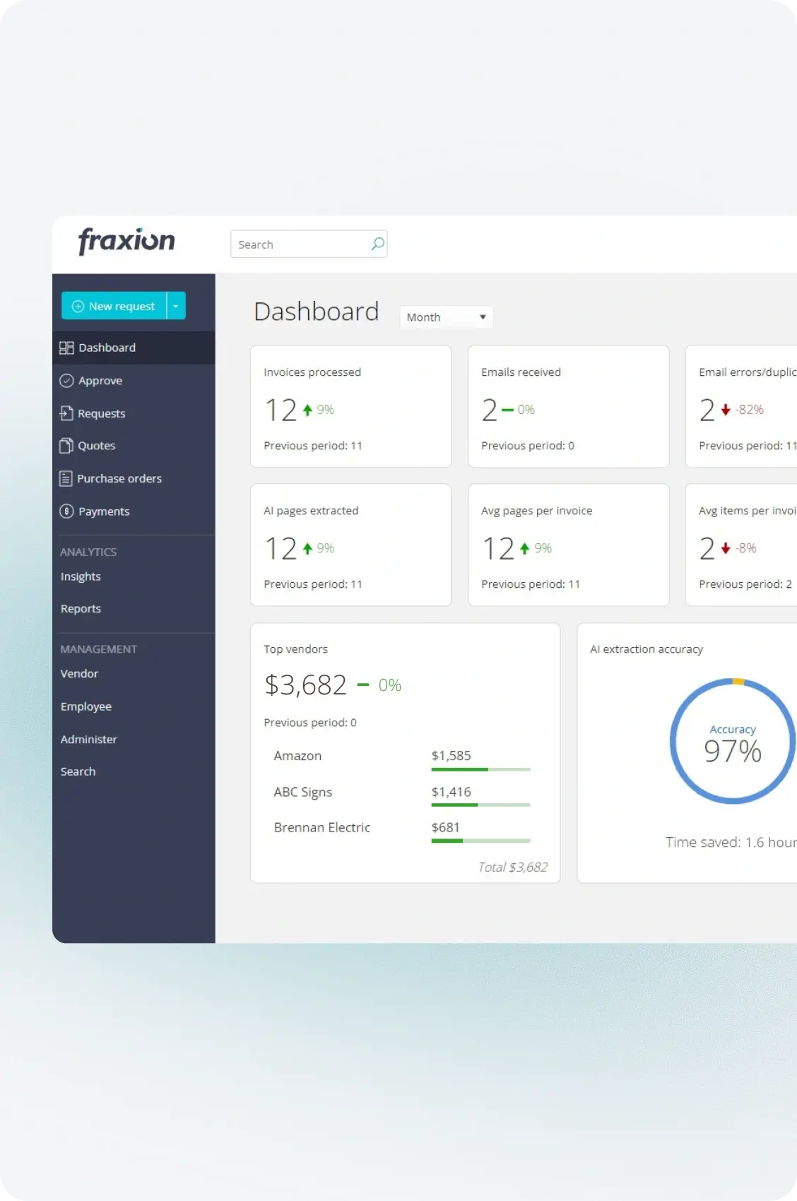 AP automation dashboard matching contractor invoices against POs and receipts