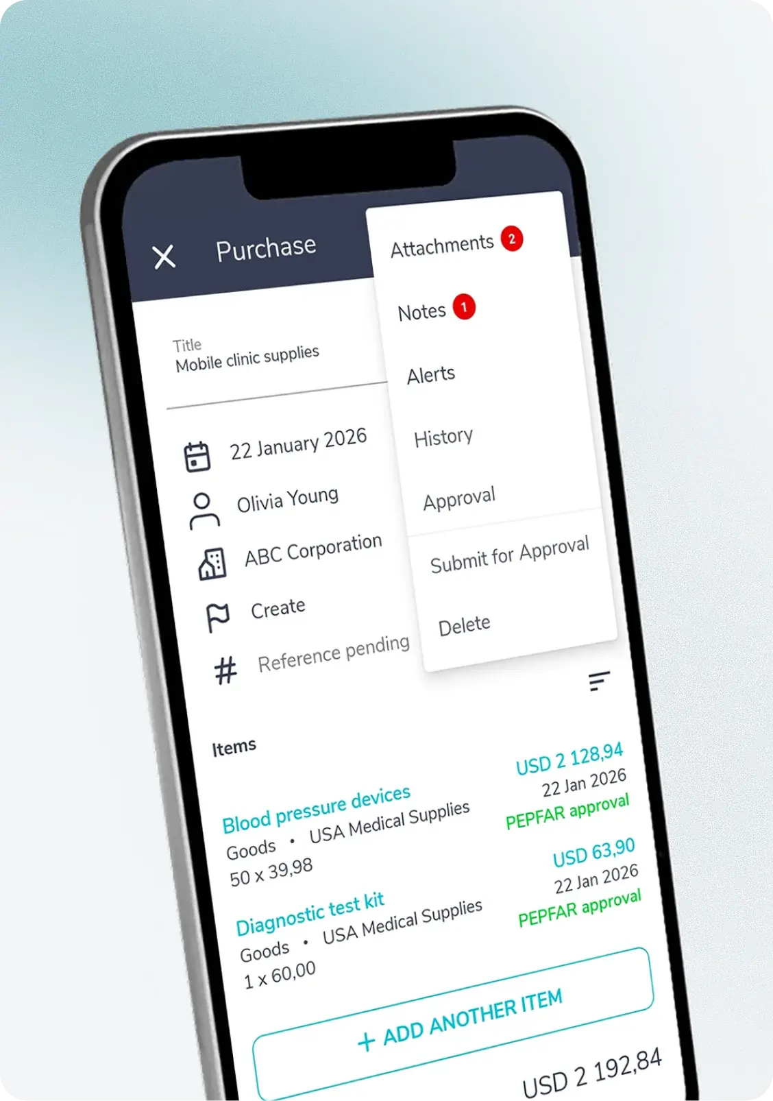 Fraxion mobile app purchase request with attachments and approval menu