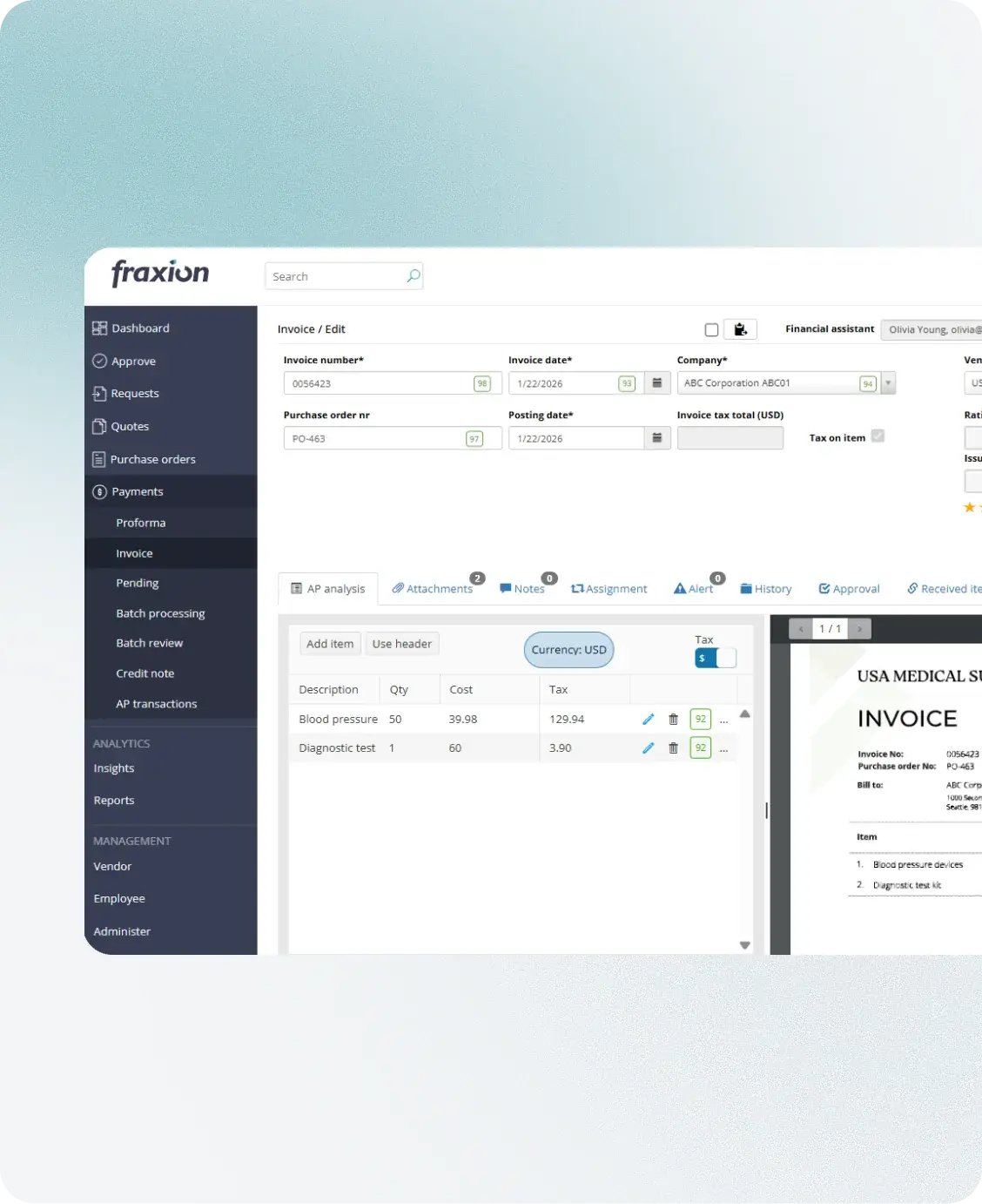 Fraxion AP automation invoice edit screen with line-item extraction