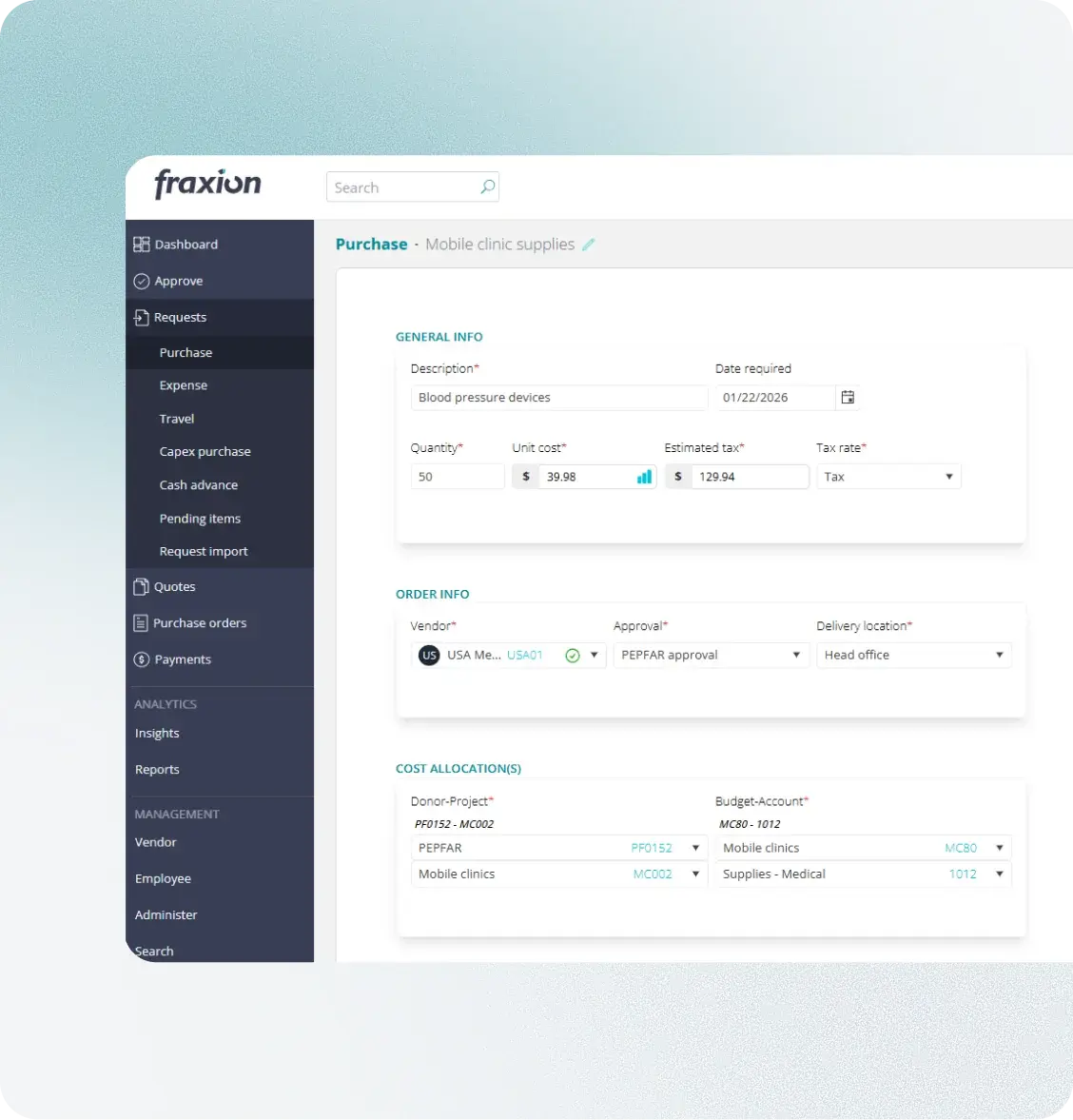 Fraxion purchase with cost allocation across donor-project budget accounts