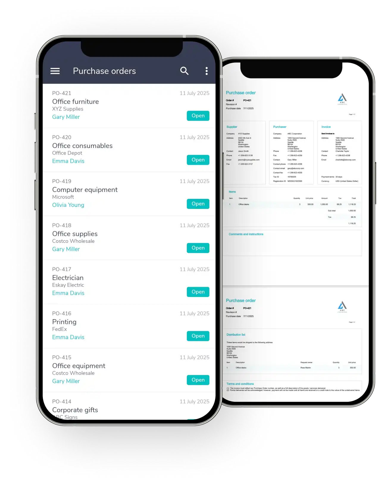 Fraxion mobile purchase orders and purchase order detail on two phones