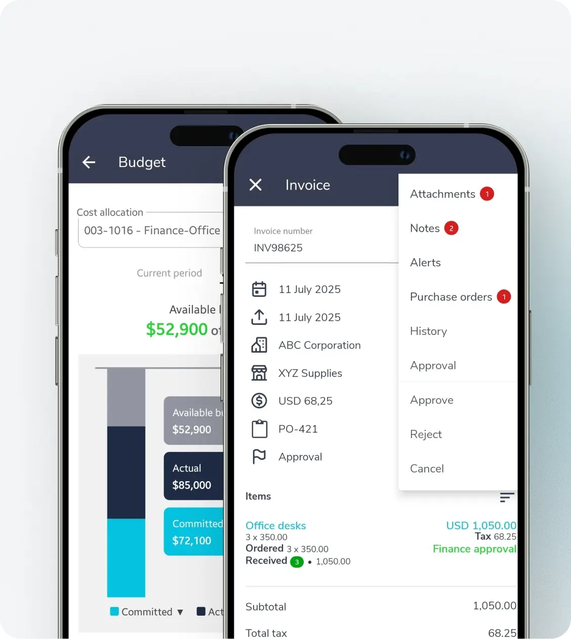 Fraxion mobile budget tracking and invoice approval on two phones
