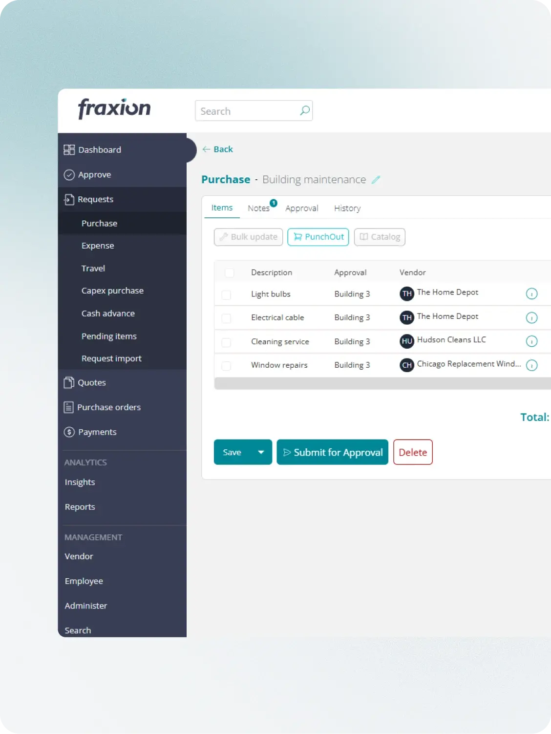 Building-maintenance purchase requests with PunchOut catalogs and approval status in Fraxion