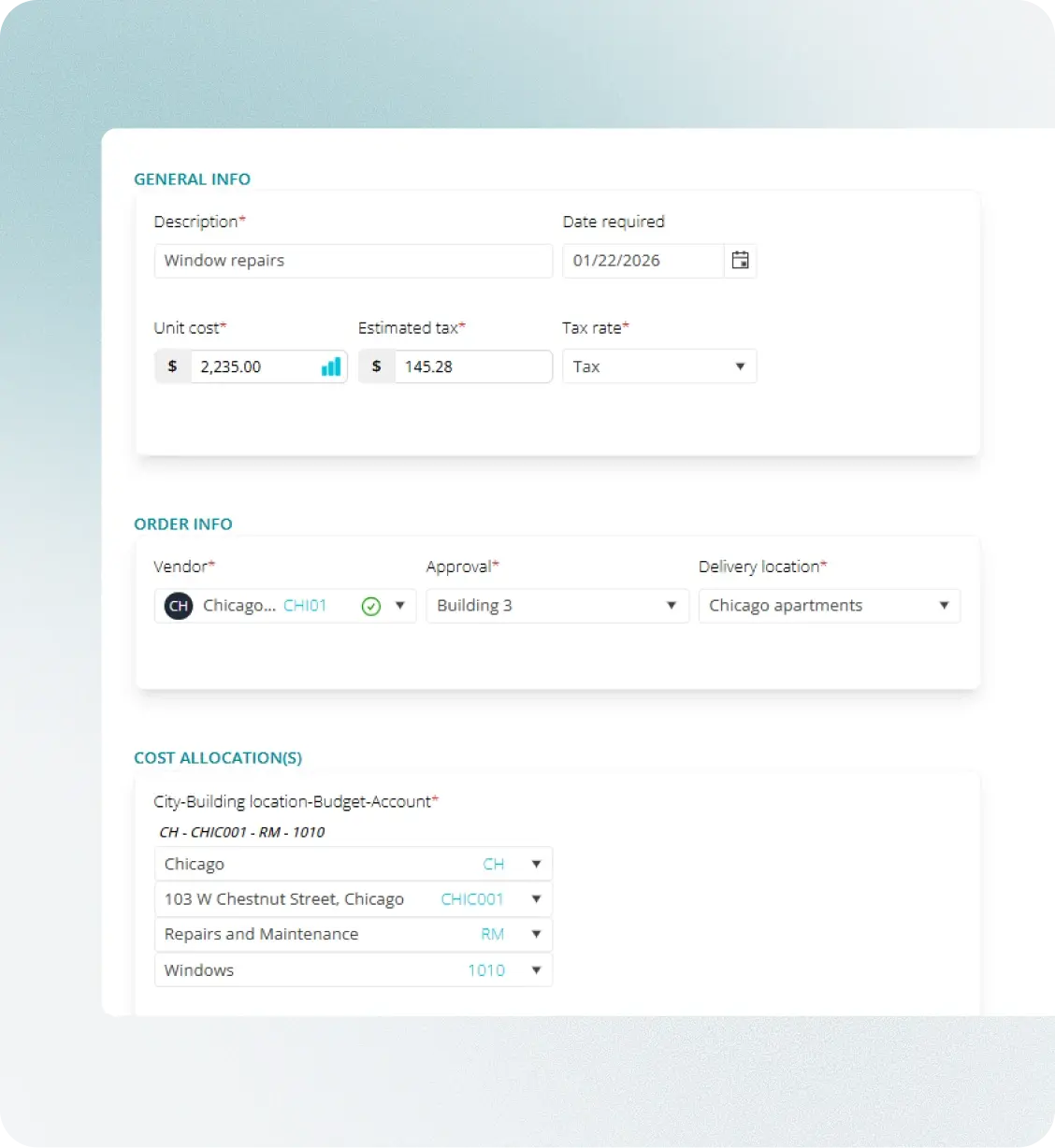 Purchase request with property cost allocation in Fraxion