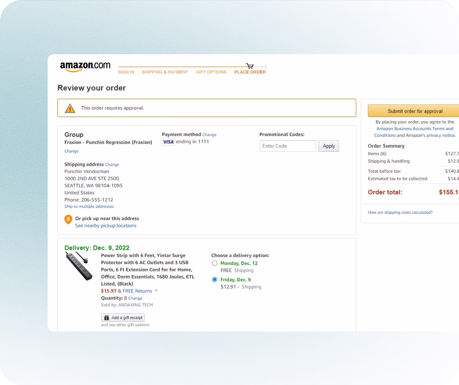 Amazon Business purchase request inside Fraxion
