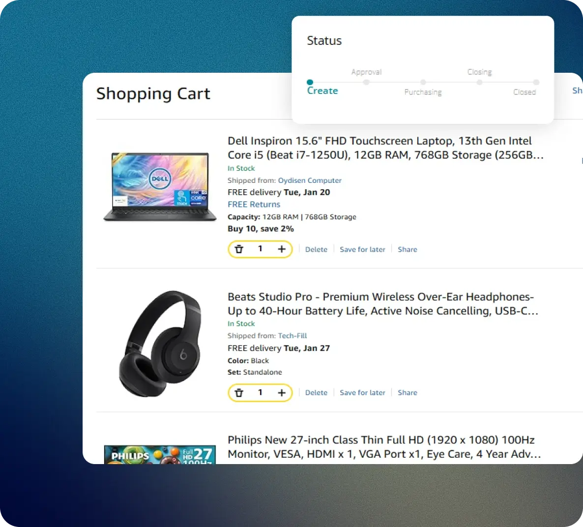 Amazon Business shopping cart with PunchIn approval status