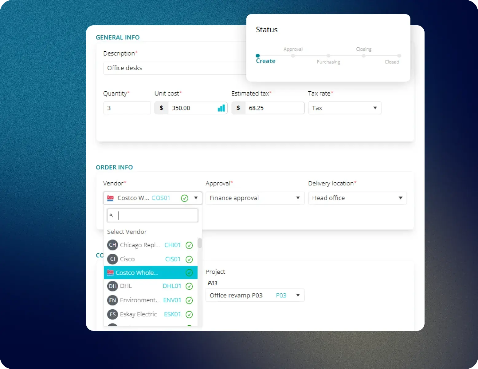 Fraxion purchase order details with status tracking