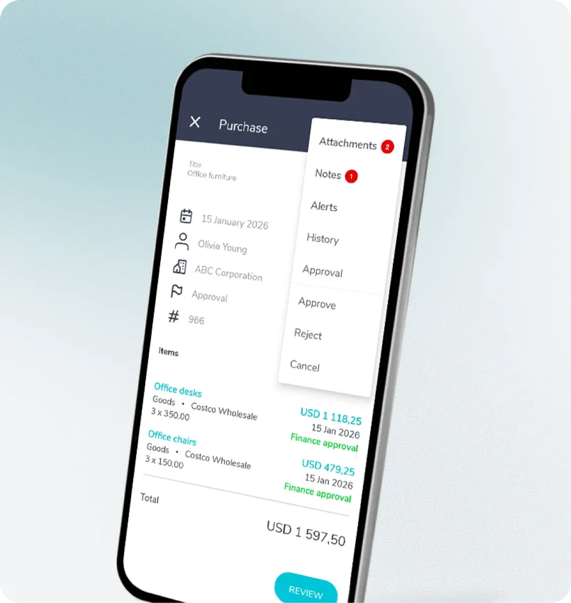 Fraxion mobile purchase request with attachments and approval actions