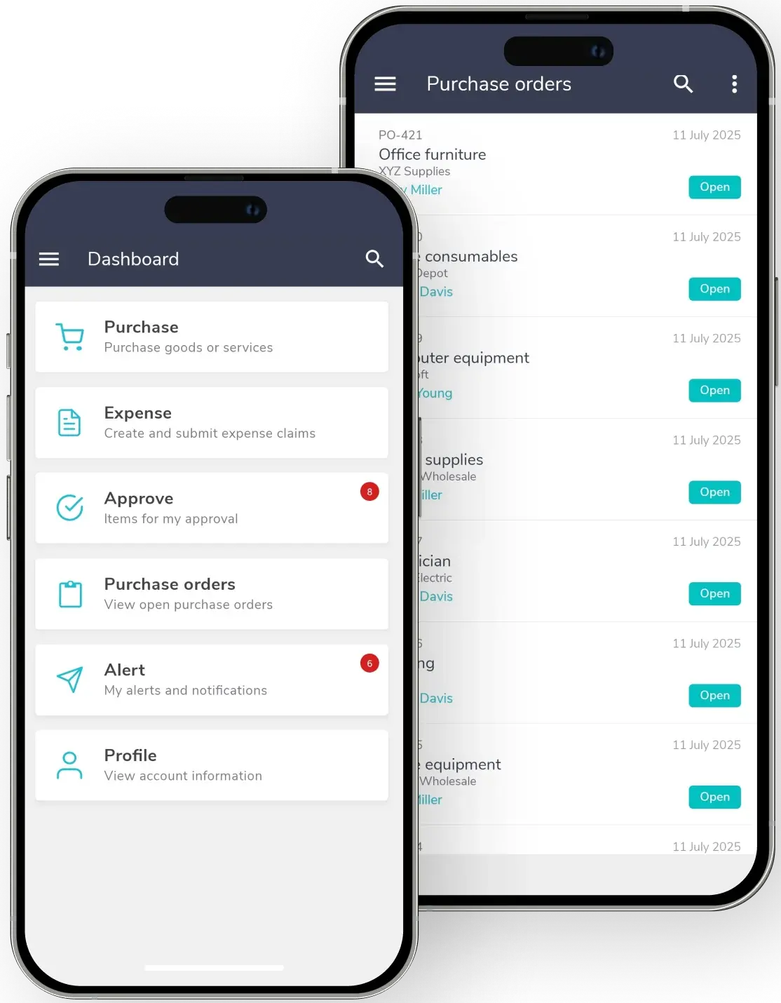 Fraxion mobile dashboard and purchase approval on two phones