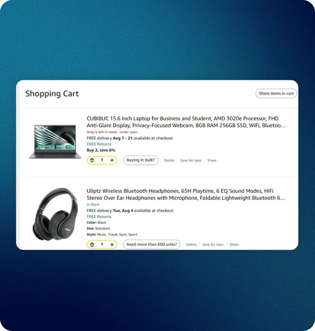 Amazon Business shopping cart returning to Fraxion