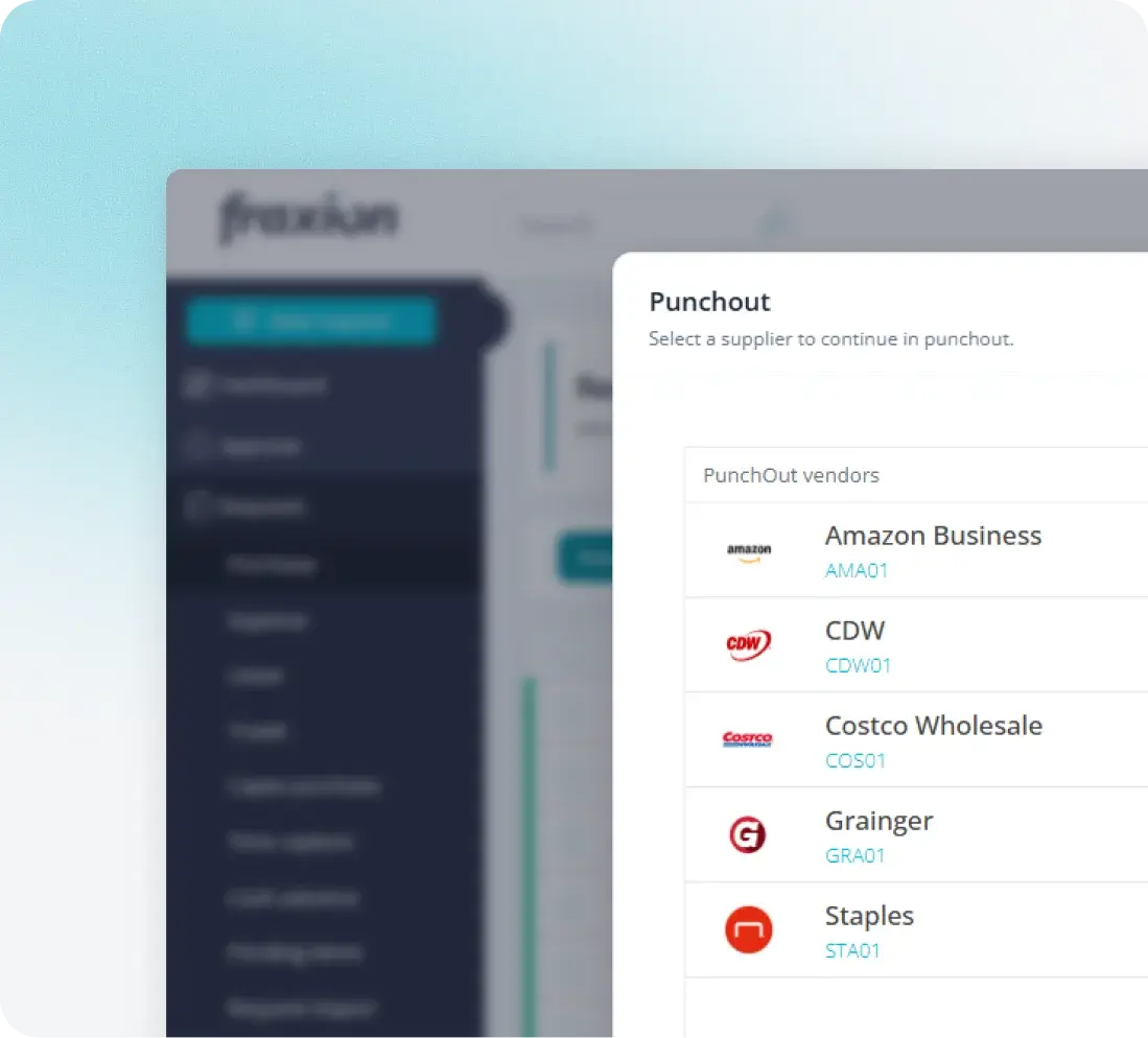 Fraxion PunchOut supplier picker with Amazon Business, CDW, Costco, Grainger and Staples