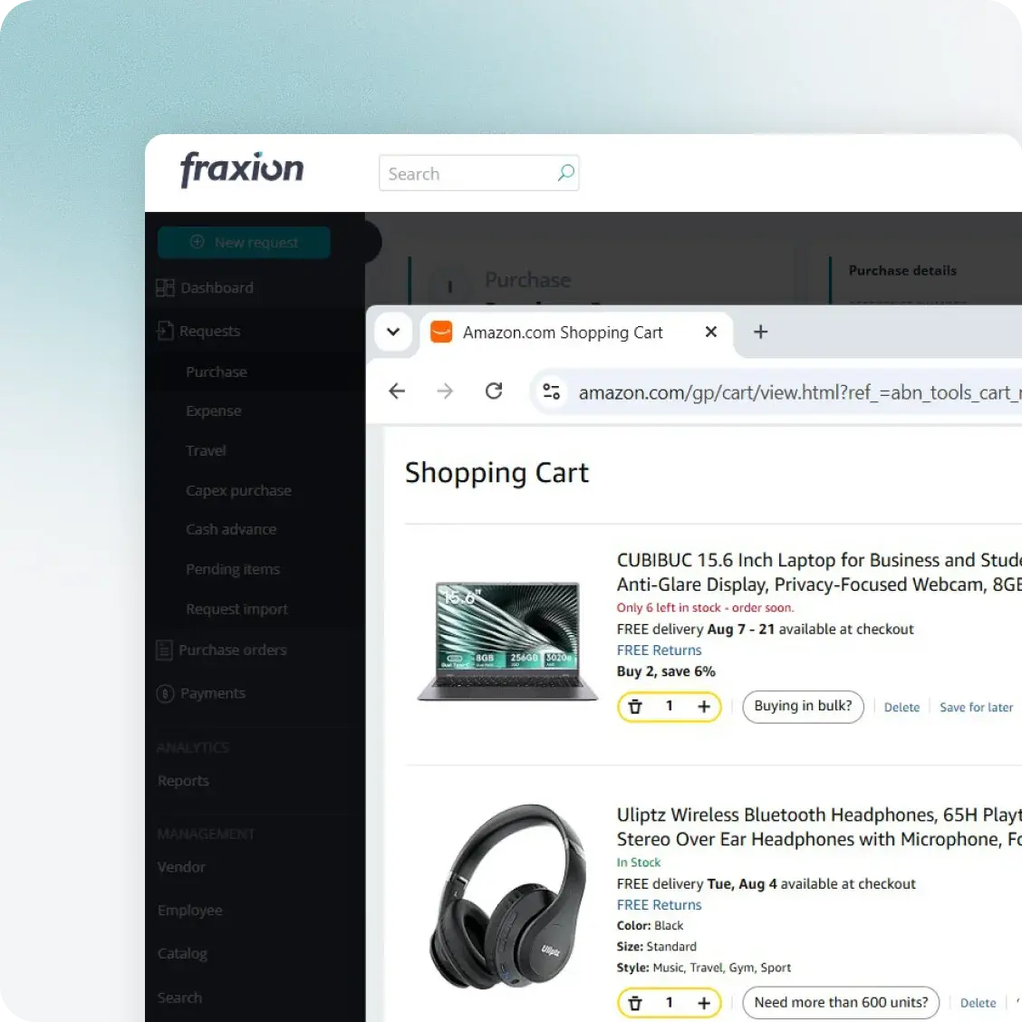 Amazon Business shopping cart inside Fraxion PunchOut