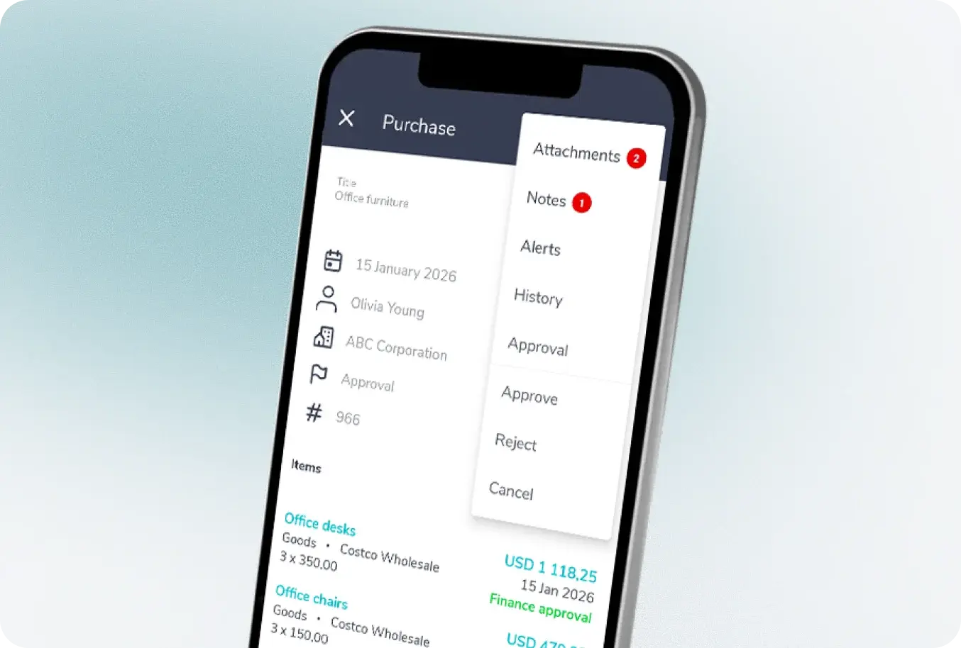 Submitting and approving a purchase request in the Fraxion mobile app