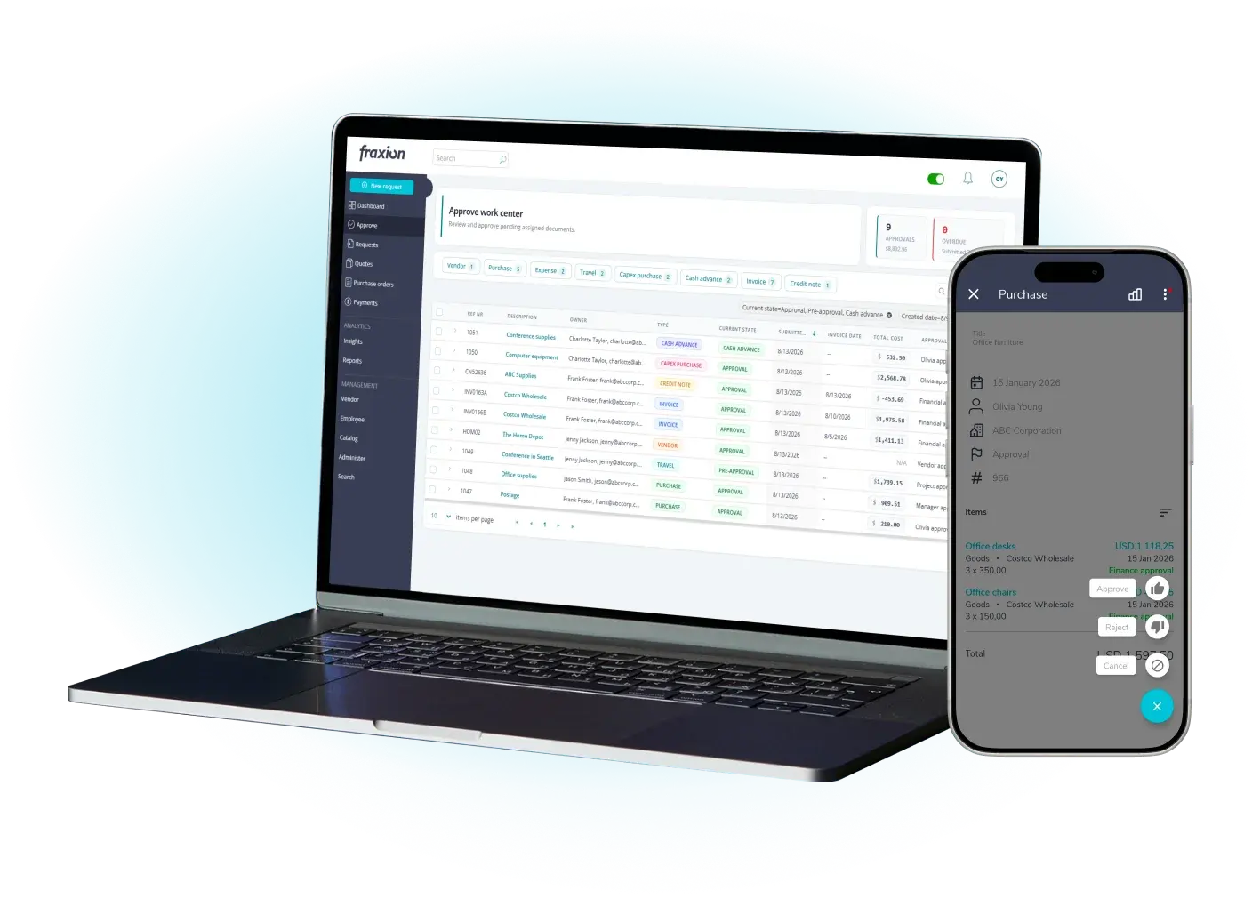 Fraxion approve work center on a laptop with the mobile purchase approval screen