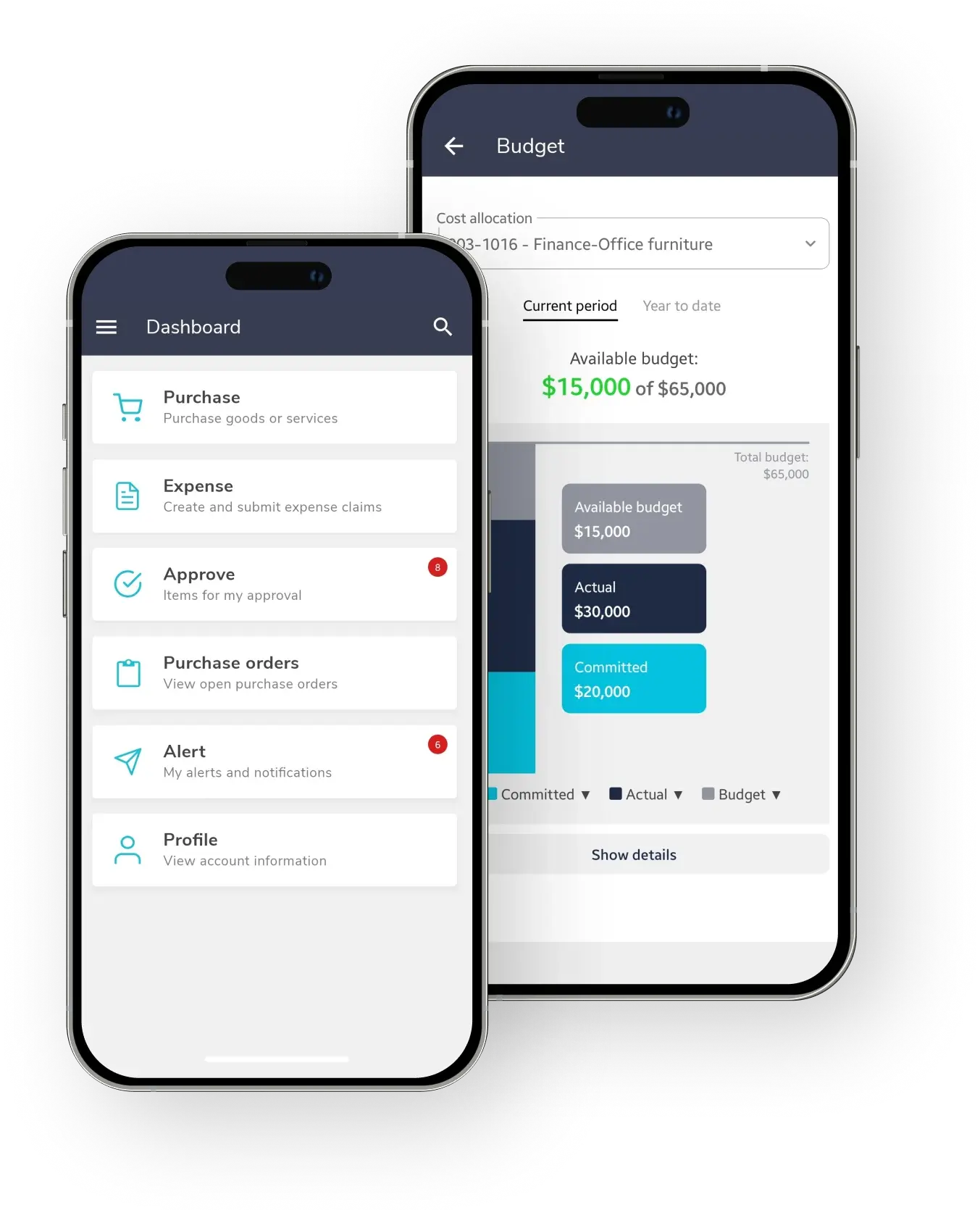 Fraxion mobile dashboard and budget screens on two phones