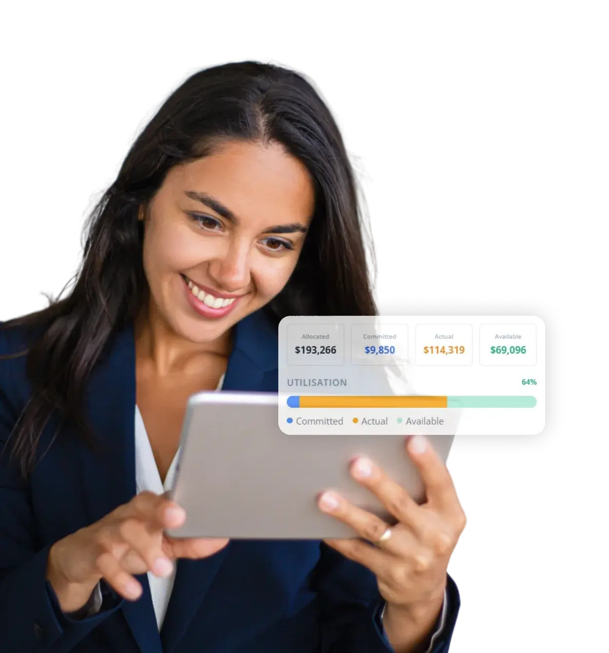Finance manager reviewing a real-time budget utilisation card on a tablet