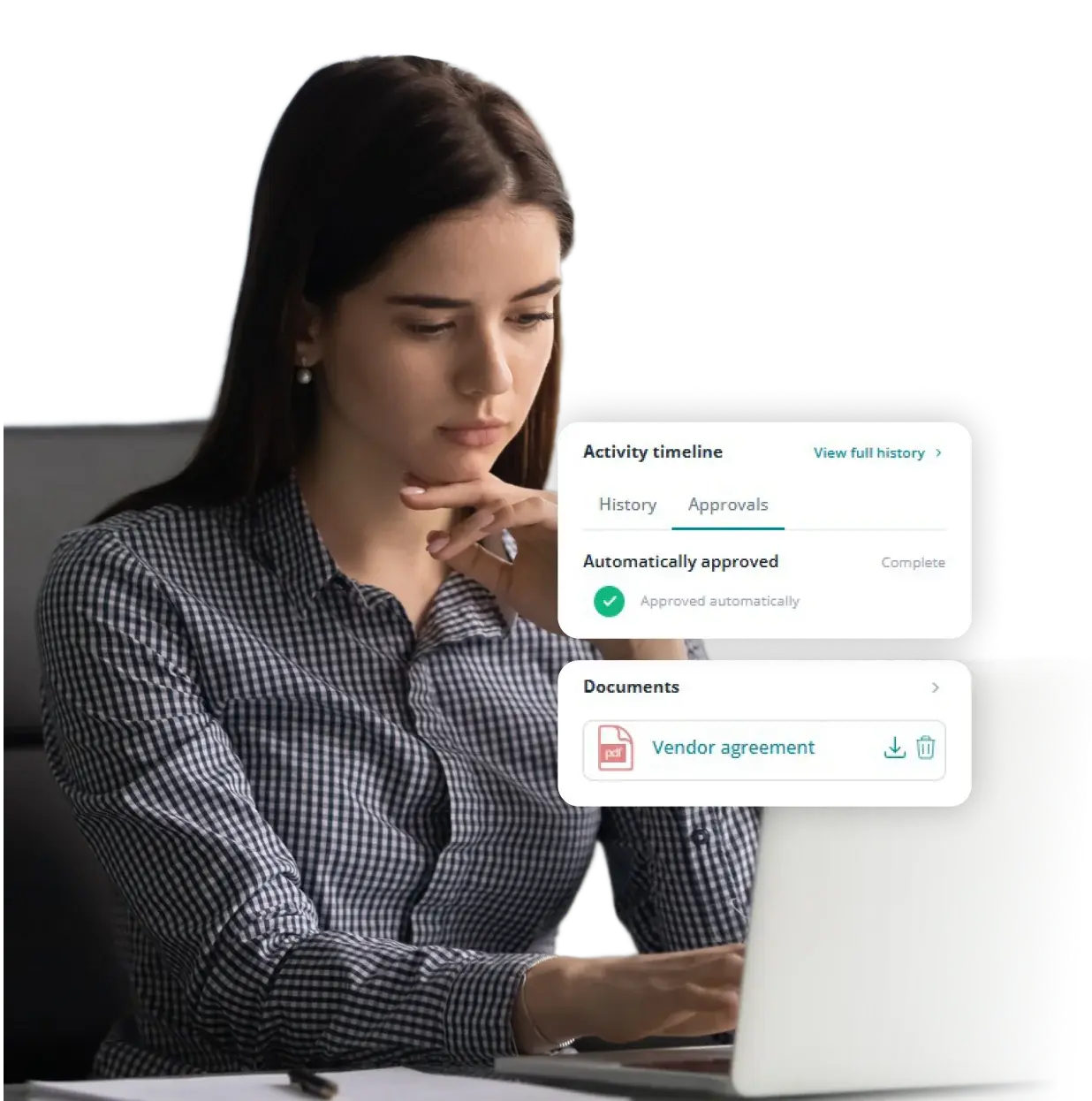 Procurement specialist reviewing an automatically approved vendor agreement