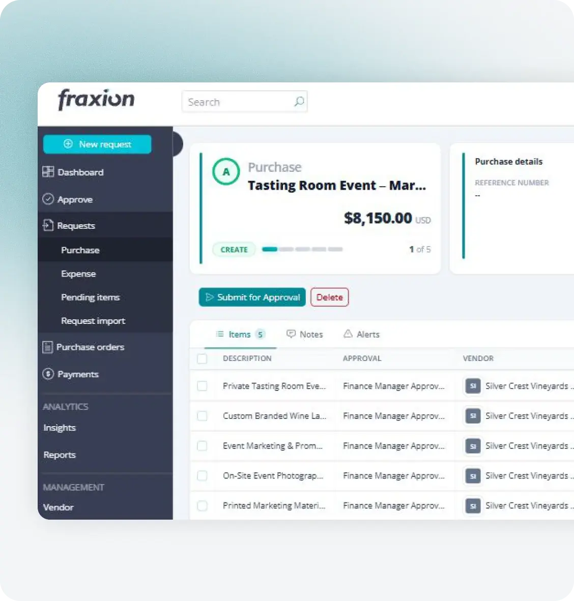 Fraxion tasting room event purchase request pending approval