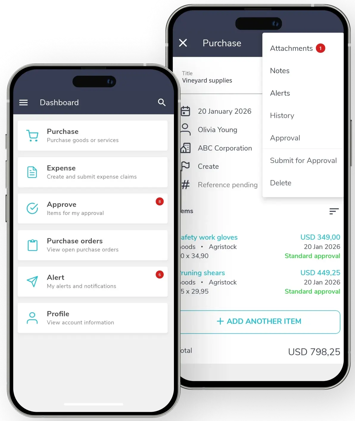 Fraxion mobile purchase orders and vineyard supplies purchase on two phones