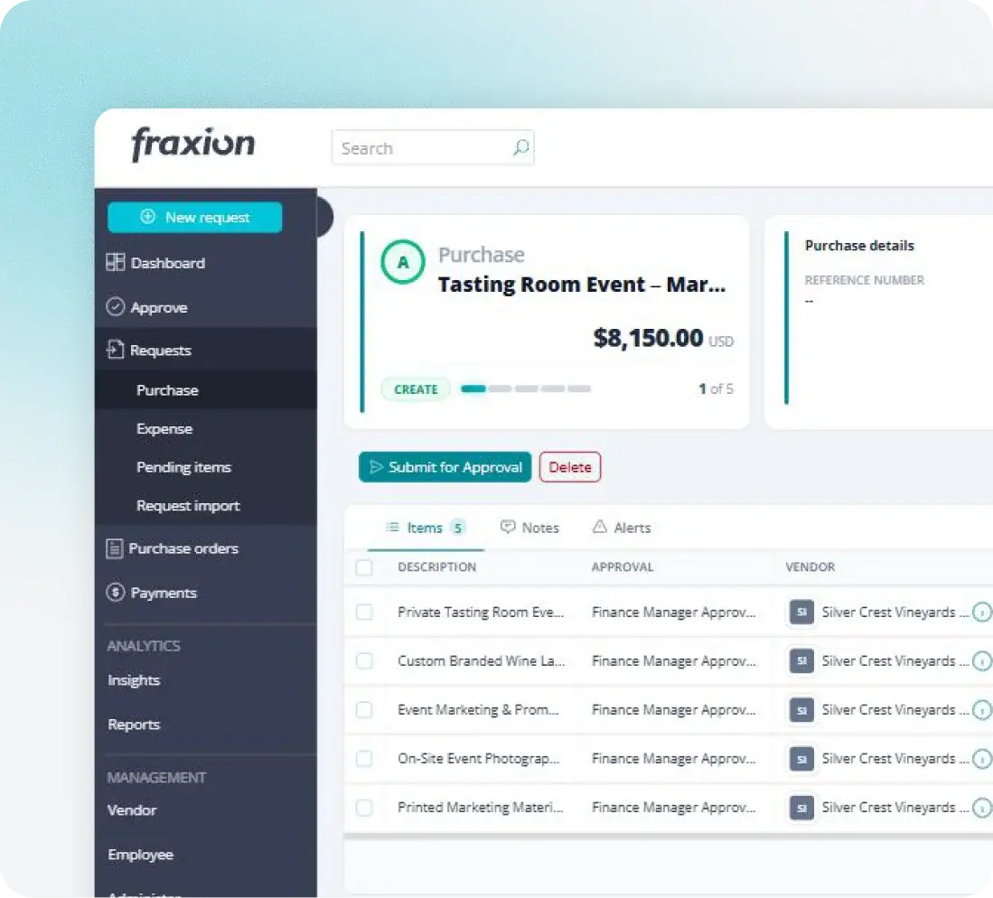 Fraxion tasting room event purchase request with line items and approval timeline